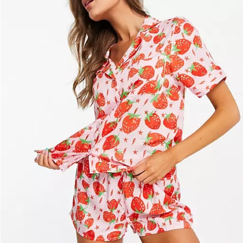 ASOS DESIGN lightening bolt strawberry lightweight PJ set in pink